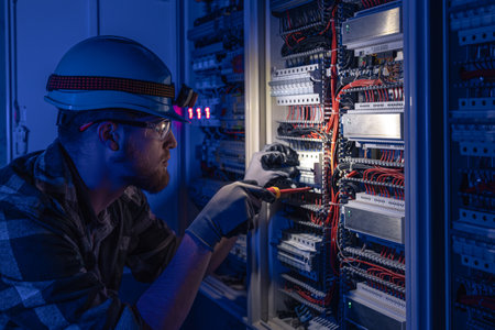 A male electrician works in a switchboard in overalls against the backdrop of emergency lighting.の写真素材