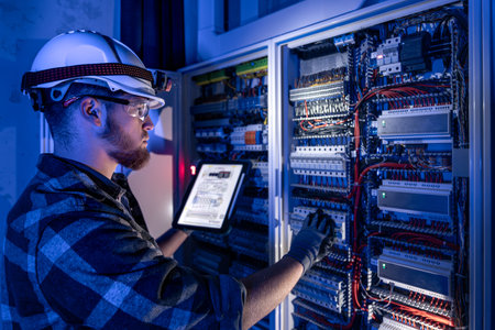 Electrician in overalls, focused on work in switchboard with fuses, using tablet.の写真素材