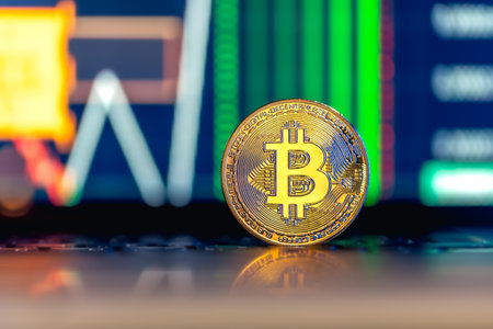 Golden Bitcoin coin on keyboard. Stock market trading chart online candlestick.の写真素材
