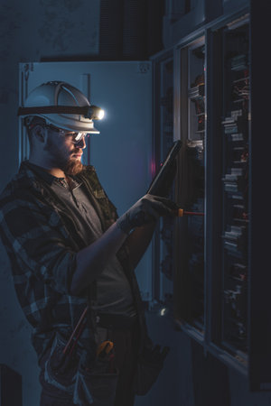 Electrician in overalls, focused on work in switchboard with fuses, using tablet.の写真素材