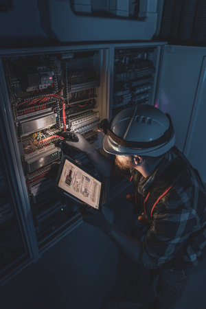 Electrician in overalls, focused on work in switchboard with fuses, using tablet. Top view.の写真素材