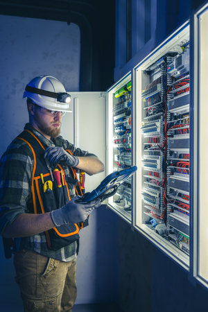 Electrician in overalls, focused on work in switchboard with fuses, using tablet.の写真素材