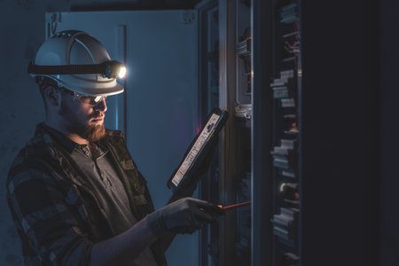 Electrician in overalls, focused on work in switchboard with fuses, using tablet.