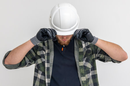 Portrait of a male builder. Engineer in overalls and helmet on a light background.の写真素材