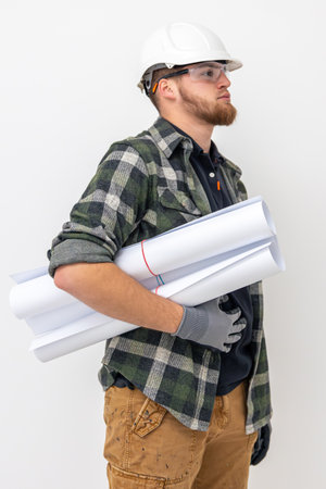 Male builder. Engineer in overalls and helmet holds blueprints and projects in his hands.の写真素材