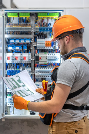 Male construction worker in overalls. Male electrician in overalls.の写真素材