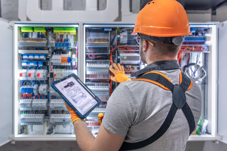 A male electrician in overalls, focused on work in switchboard with fuses, using tablet.の写真素材