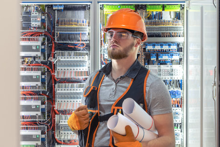 Male construction worker in overalls. Male electrician in overalls.の写真素材