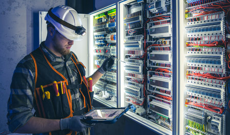 Electrician in overalls, focused on work in switchboard with fuses, using tablet.の写真素材