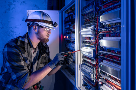 A male electrician works in a switchboard in overalls against the backdrop of emergency lighting.の写真素材