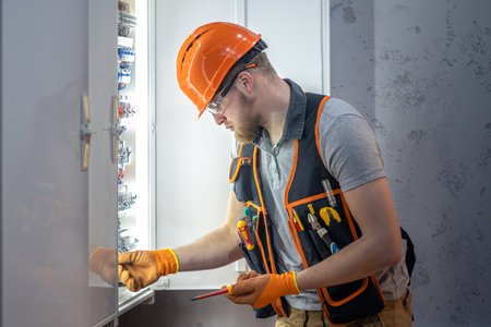 Male electrician working in switchboard. Male electrician in overalls working with electricity.の写真素材