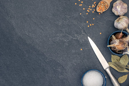Cooking ingredients background. Food background with spices, herbs and vegetables.の写真素材