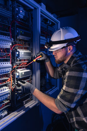 A male electrician works in a switchboard in overalls against the backdrop of emergency lighting.の写真素材