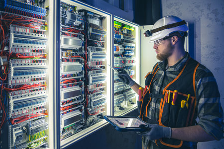 Electrician in overalls, focused on work in switchboard with fuses, using tablet.の写真素材