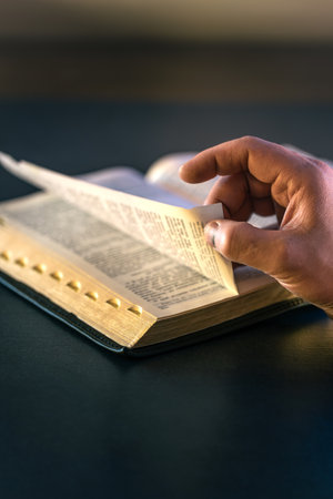 Open Bible close-up. Christianity concept. Reading Gods Holy Bible.の写真素材