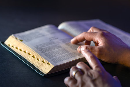 Open Bible close-up. Christianity concept. Reading Gods Holy Bible.の写真素材