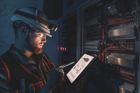 Electrician in overalls, focused on work in switchboard with fuses, using tablet.の写真素材
