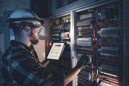 Electrician in overalls, focused on work in switchboard with fuses, using tablet.の写真素材