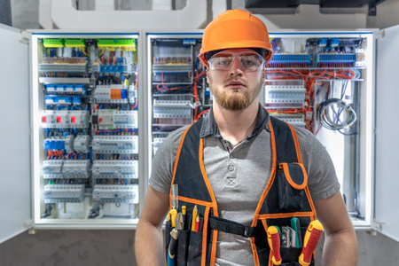 Electrician man in overalls works in the switchboard. Portrait of an electrician in overalls.の写真素材