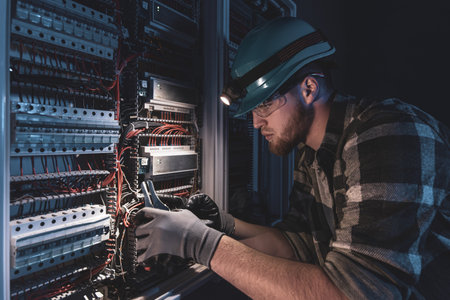 A male electrician works in a switchboard in overalls against the backdrop of emergency lighting.の写真素材