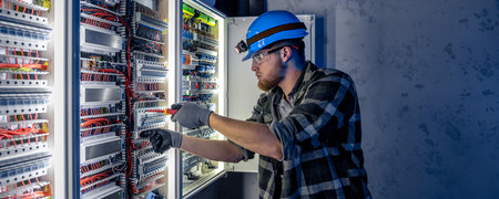 A male electrician works in a switchboard in overalls against the backdrop of emergency lighting.の写真素材
