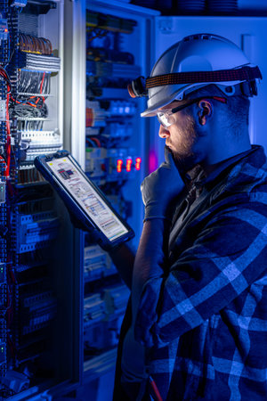 Electrician in overalls, focused on work in switchboard with fuses, using tablet.