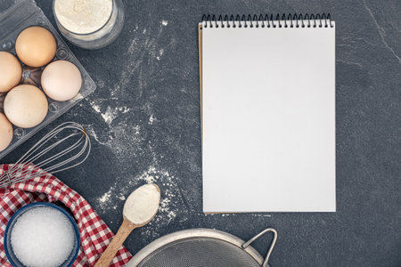 Background with baking ingredients and blank book. Baking ingredients.の写真素材