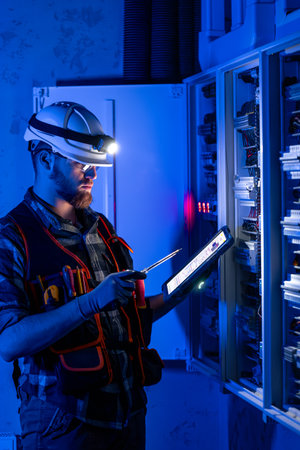 Electrician in overalls, focused on work in switchboard with fuses, using tablet.の写真素材