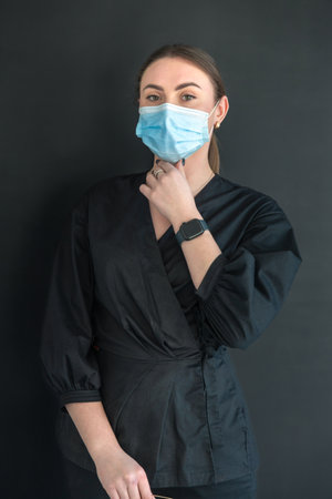 Portrait of a young female dentist in a mask. Dentistry concept. Dental treatment.の写真素材