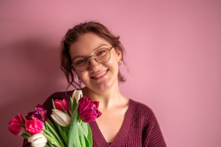 Beautiful young woman with a bouquet in her hands.の写真素材