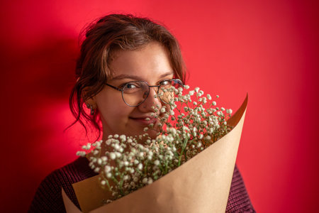 Young woman with a bouquet in her hands. Womens Day. Valentines Day.の写真素材