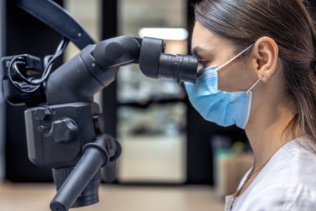 Young female dentist treating patients teeth with dental microscope. Dentistry concept.の写真素材