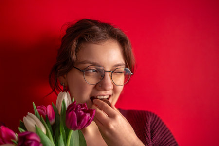International Womens Day. Beautiful young woman with a bouquet in her hands.の写真素材