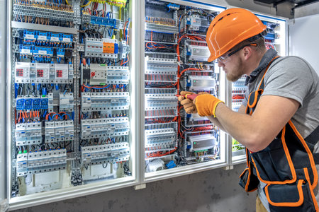 Male electrician working in electrical panel. Male electrician in overalls.の写真素材