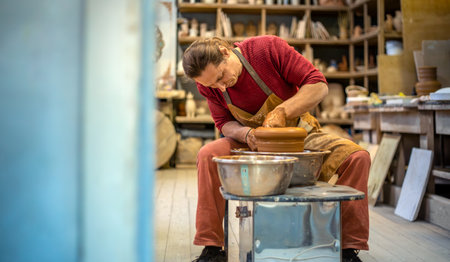 A man is making pottery on a potters wheel. A man makes pottery. Clay modeling.の写真素材
