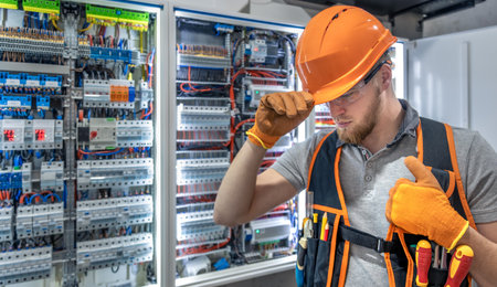 Male electrician working in electrical panel. Male electrician in overalls.の写真素材