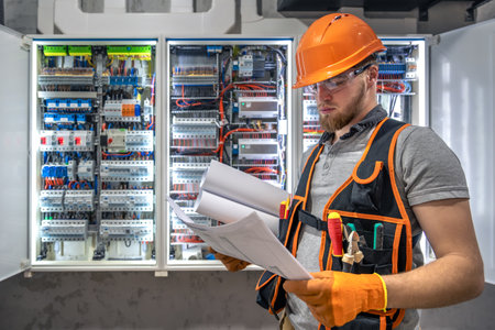 Male electrician working in electrical panel. Male electrician in overalls.の写真素材