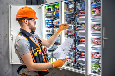 Male electrician working in electrical panel. Male electrician in overalls.の写真素材