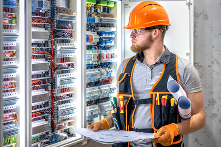 Male electrician working in electrical panel. Male electrician in overalls.の写真素材