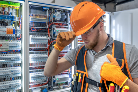 Male electrician working in electrical panel. Male electrician in overalls.の写真素材