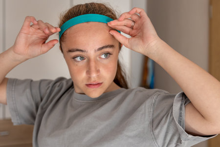Girl with a sports headband. Preparation for sports exercises. Sports concept.の写真素材