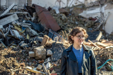 Woman on the background of ruins. War in Ukraine. House destroyed by a rocket.