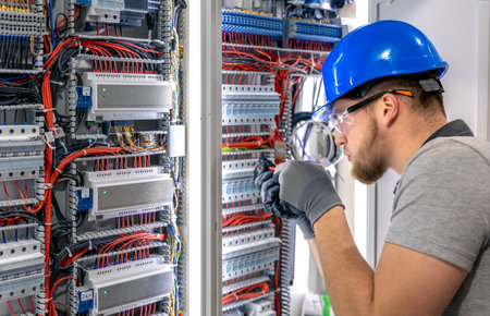 Male electrician in uniform working in a switchboard. Electricity.の写真素材