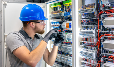 Male electrician in uniform working in a switchboard. Electricity.