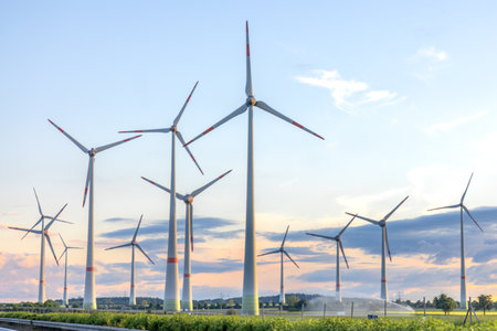 Wind turbines close-up. Renewable energy. Scenic dusk view.の写真素材