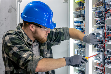 Electrician connecting wires. Work inside panel. Engineer with tool.の写真素材
