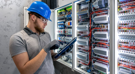 Electrician at switchboard. Equipment interaction. Technical indoor task.の写真素材