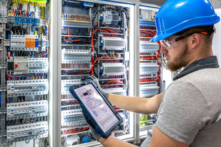 Electrician with tablet. Circuit inspection. Pre-installation check.の写真素材