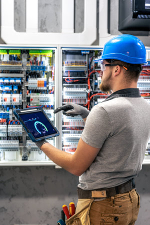 Electrician reviewing data. Technical analysis with tablet. Digital diagnostics.