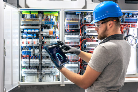 Electrician with tablet. Working at switchboard. Digital tools in use.